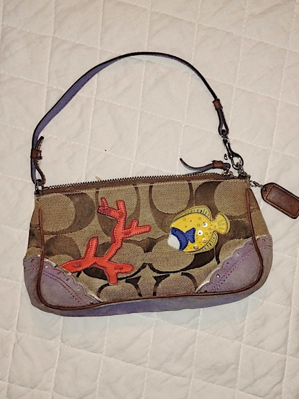 Coach Brown Signature Mini Wristlet with Coral & Yellow Fish Appliqué